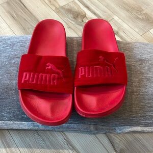 Puma special edition slides, red velvet w/ embroidered logo, size W 8.5 Euro 39